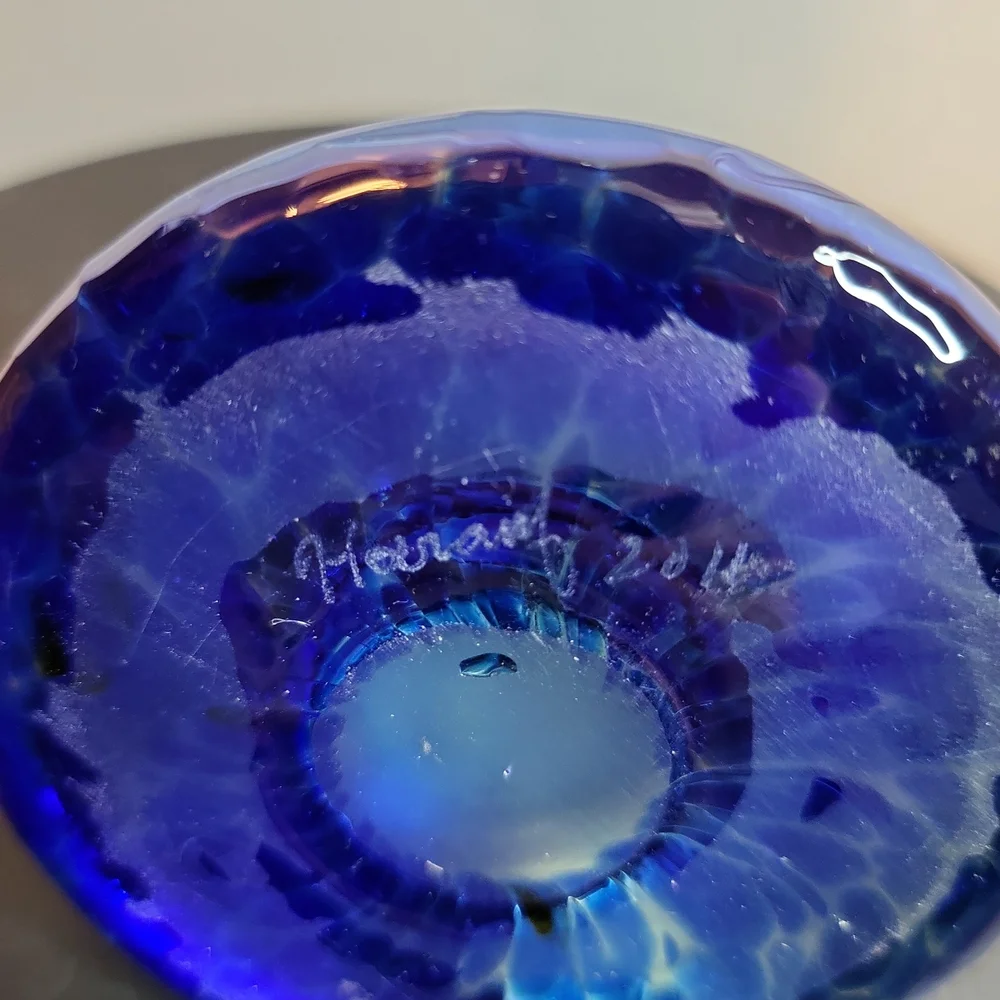 Blue Iridescent Art Glass Signed Ring Holder Hand Blown 3